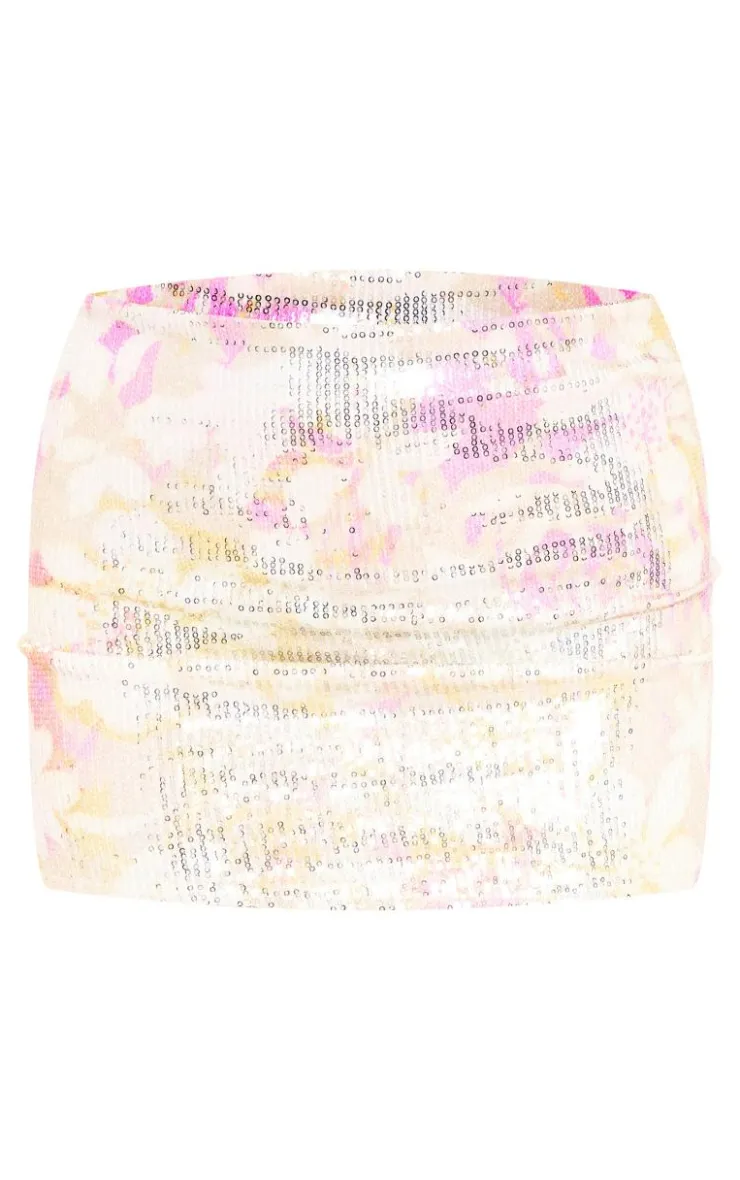 Best PrettyLittleThing Abstract Printed Sequin Low Rise Micro Mini Skirt Cream