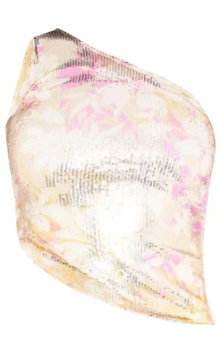 New PrettyLittleThing Abstract Printed Sequin One Shoulder Asymmetric Top Cream