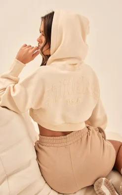 Cream Athens Puff Print Cropped Hoodie