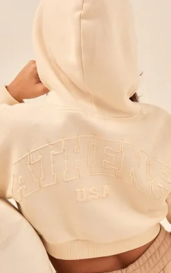 Cream Athens Puff Print Cropped Hoodie
