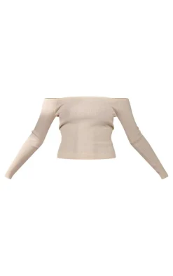 PrettyLittleThing Bardot Rib Knit Long Sleeve Top Cream