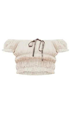 PrettyLittleThing Bardot Shirred Bow Detail Crop Top Cream