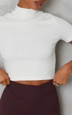PrettyLittleThing Basic Tops*Basic Rib High Neck Short Sleeve Crop Top