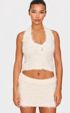 Sale PrettyLittleThing Bobble Eyelash Knit Halterneck Vest Cream