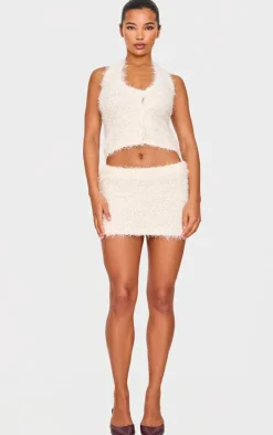 Sale PrettyLittleThing Bobble Eyelash Knit Halterneck Vest Cream