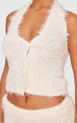 Sale PrettyLittleThing Bobble Eyelash Knit Halterneck Vest Cream