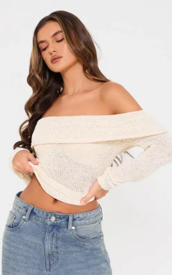 PrettyLittleThing Knitted Tops*Bobble Knit Bardot Top