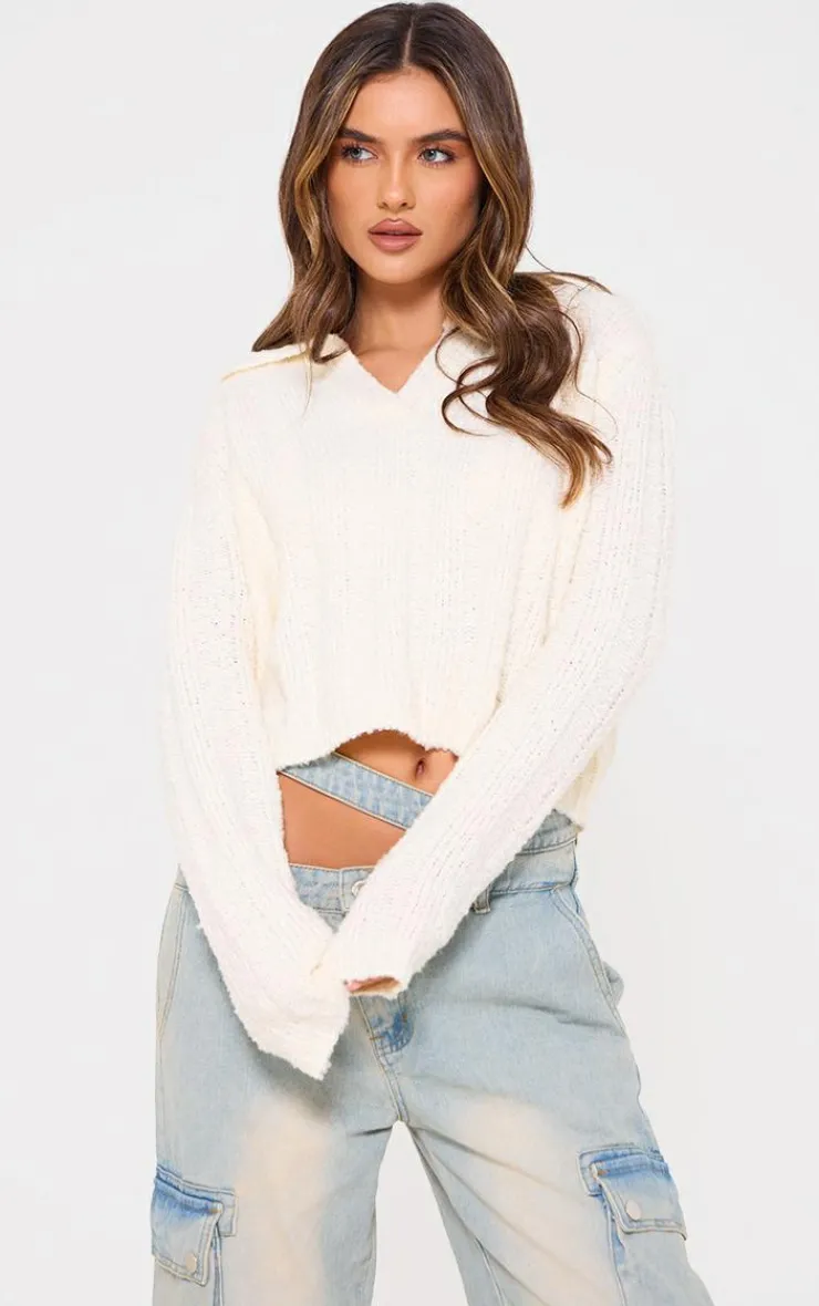 PrettyLittleThing Knitted Tops*Bobble Knit Collar Detail Top