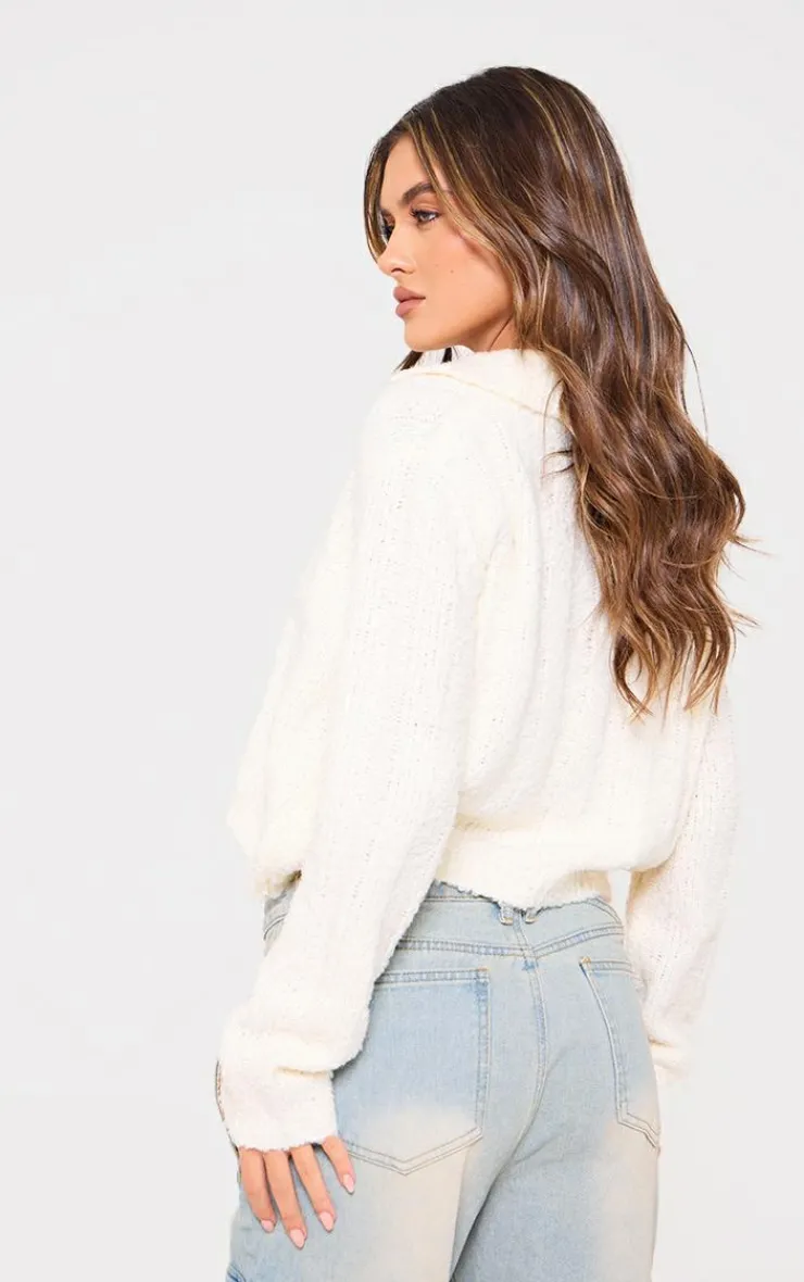 PrettyLittleThing Knitted Tops*Bobble Knit Collar Detail Top