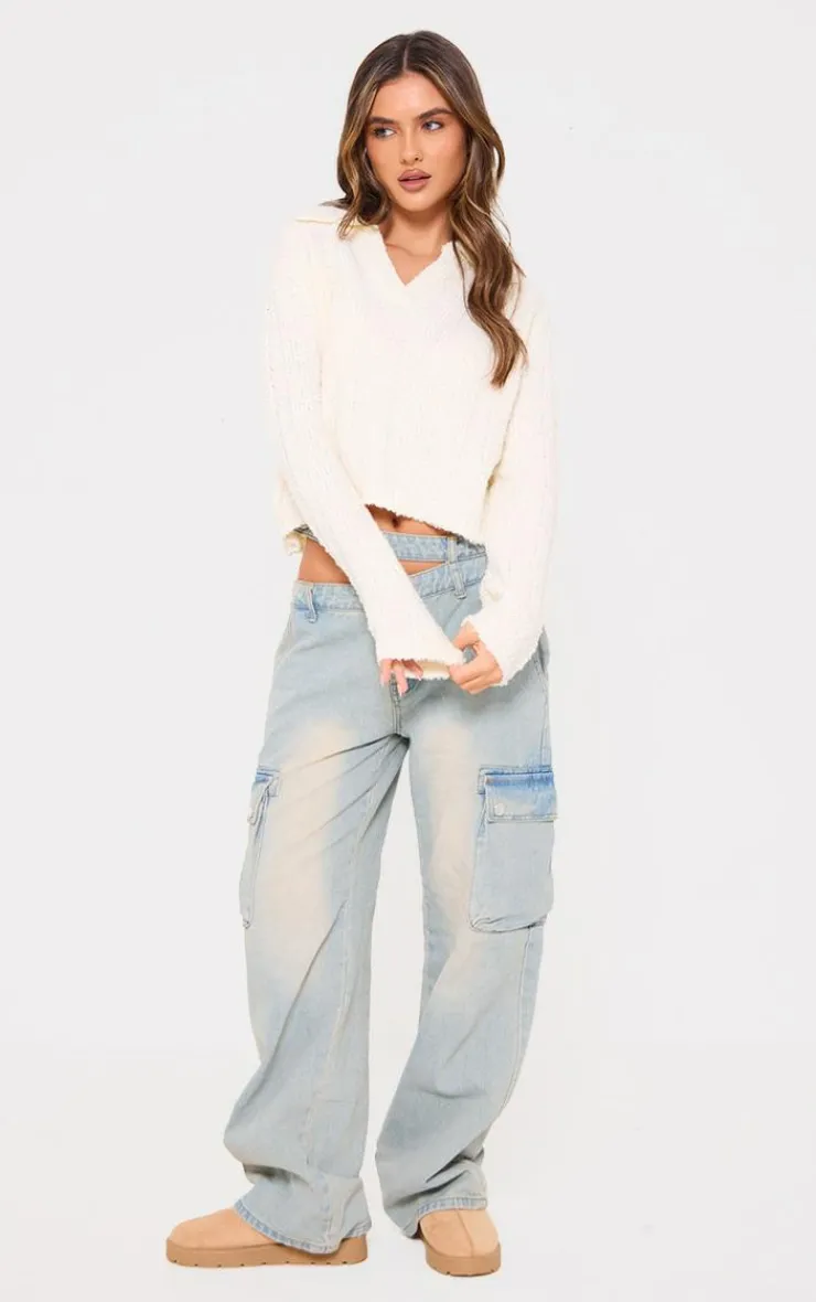 PrettyLittleThing Knitted Tops*Bobble Knit Collar Detail Top