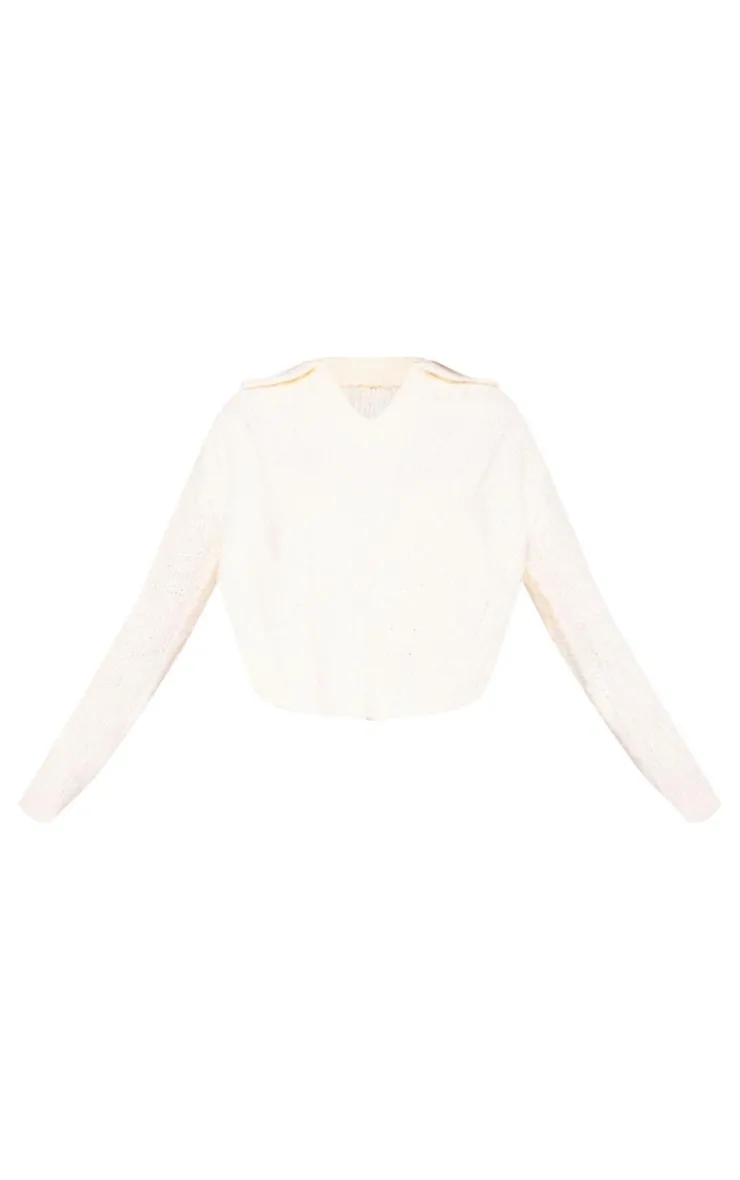 PrettyLittleThing Knitted Tops*Bobble Knit Collar Detail Top