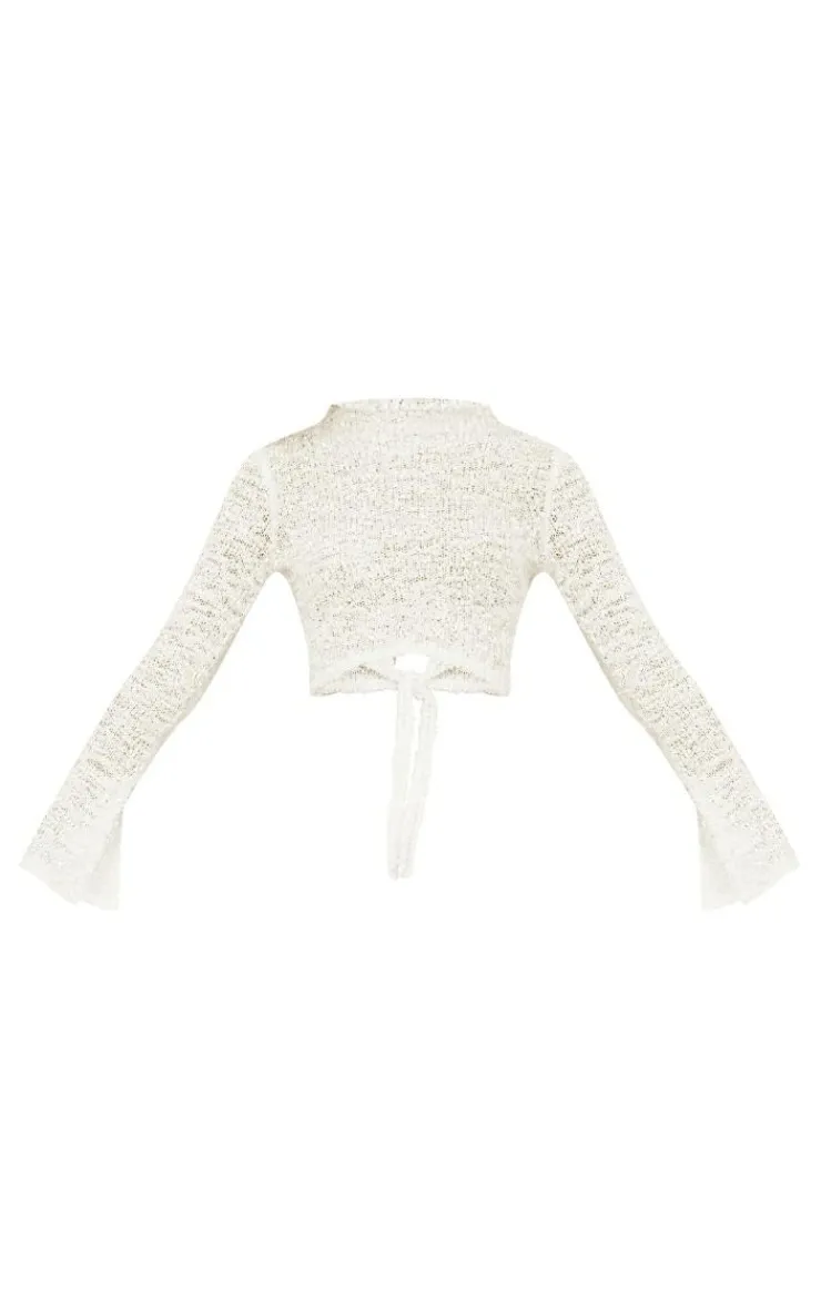 Sale PrettyLittleThing Bobble Knit Tie Back Top Cream