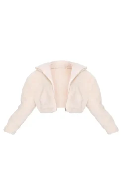 Cream Borg Hooded Pocket Detail Zip Up Jacket