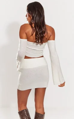 Discount PrettyLittleThing Boucle Knit Halter Neck Flare Sleeve Top Cream