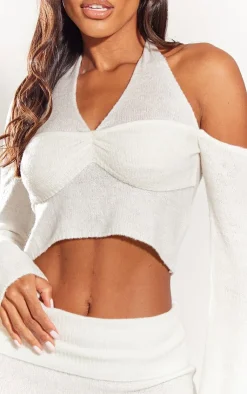Discount PrettyLittleThing Boucle Knit Halter Neck Flare Sleeve Top Cream