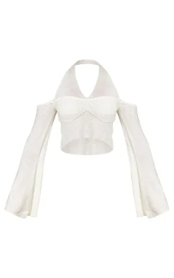 Discount PrettyLittleThing Boucle Knit Halter Neck Flare Sleeve Top Cream