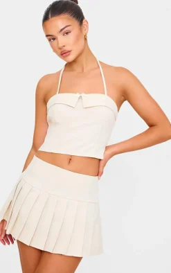 Online PrettyLittleThing Bow Detail Tie Neck Halterneck Crop Top Cream