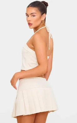 Online PrettyLittleThing Bow Detail Tie Neck Halterneck Crop Top Cream
