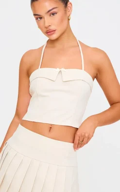 Online PrettyLittleThing Bow Detail Tie Neck Halterneck Crop Top Cream