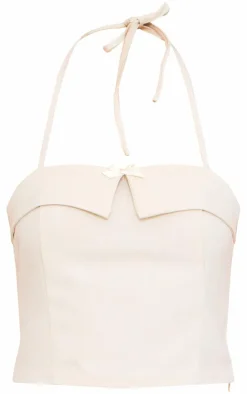 Online PrettyLittleThing Bow Detail Tie Neck Halterneck Crop Top Cream
