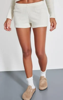 Discount PrettyLittleThing Brushed Rib Hotpants Cream