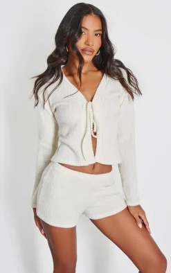 Discount PrettyLittleThing Brushed Rib Hotpants Cream