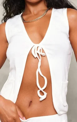 Hot PrettyLittleThing Brushed Rib Tie Front Vest Cream