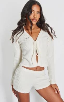 Outlet PrettyLittleThing Brushed Rib Tie Front Top Cream