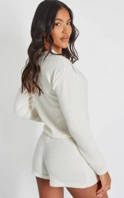 Outlet PrettyLittleThing Brushed Rib Tie Front Top Cream