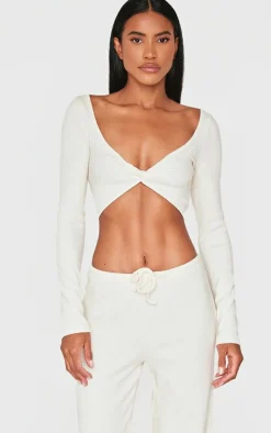 Clearance PrettyLittleThing Brushed Rib Twist Front Long Sleeve Bardot Top Cream