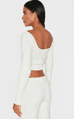 Clearance PrettyLittleThing Brushed Rib Twist Front Long Sleeve Bardot Top Cream