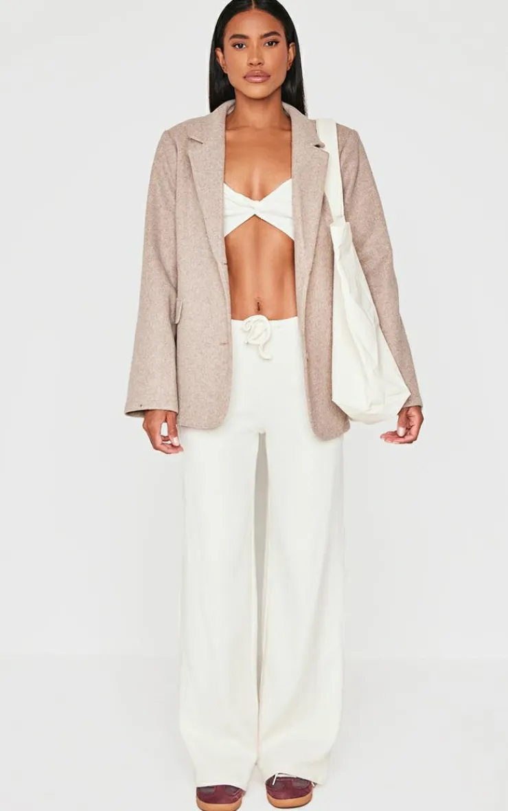 Clearance PrettyLittleThing Brushed Rib Twist Front Long Sleeve Bardot Top Cream
