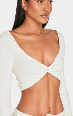 Clearance PrettyLittleThing Brushed Rib Twist Front Long Sleeve Bardot Top Cream
