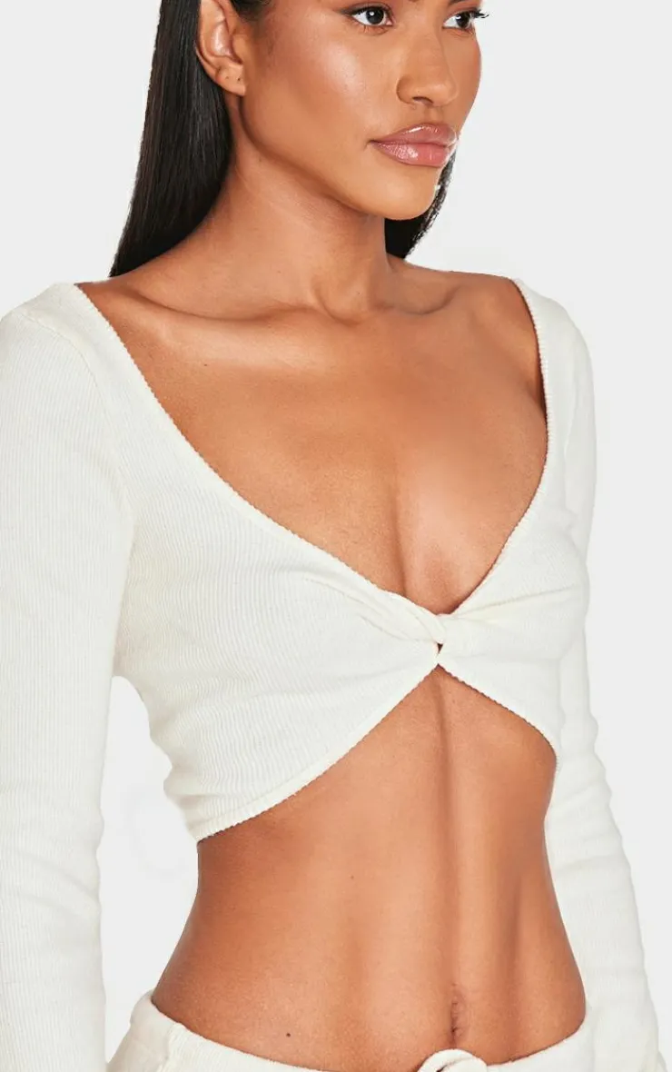 Clearance PrettyLittleThing Brushed Rib Twist Front Long Sleeve Bardot Top Cream