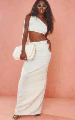 Clearance PrettyLittleThing Brushed Woven One Shoulder Crop Top Cream