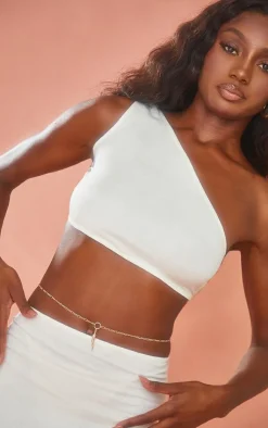 Clearance PrettyLittleThing Brushed Woven One Shoulder Crop Top Cream