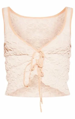PrettyLittleThing Bubble Knit Contrast Tie Front Top Cream