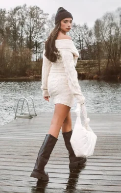 Sale PrettyLittleThing Cable Cross Front Wrap Knit Sweater Cream