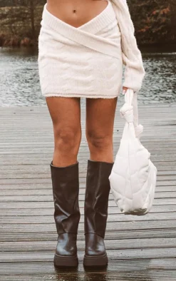 New PrettyLittleThing Cable Cross Front Wrap Mini Knit Skirt Cream