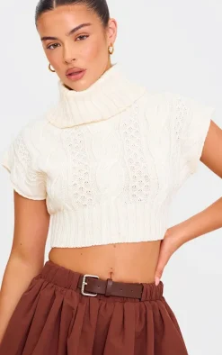 PrettyLittleThing Knitted Tops*Cable Knit Roll Neck Cap Sleeve Cropped Vest