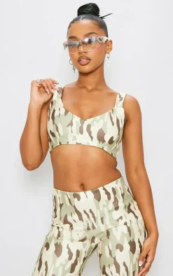 Online PrettyLittleThing Camo Printed Stretch Woven Micro Bralet Cream