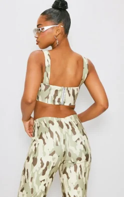Online PrettyLittleThing Camo Printed Stretch Woven Micro Bralet Cream
