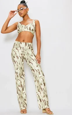 Online PrettyLittleThing Camo Printed Stretch Woven Micro Bralet Cream