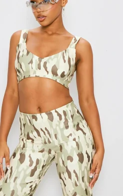 Online PrettyLittleThing Camo Printed Stretch Woven Micro Bralet Cream