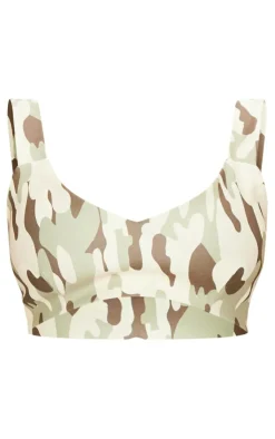 Online PrettyLittleThing Camo Printed Stretch Woven Micro Bralet Cream