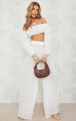 New PrettyLittleThing Cheesecloth Floaty Wide Leg Pants Cream