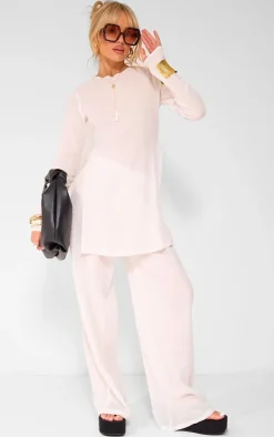 Outlet PrettyLittleThing Cheesecloth Textured Wide Leg Pants Cream