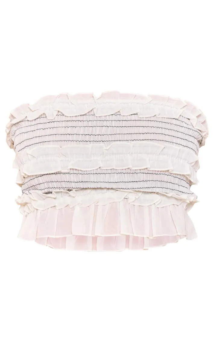 Cream Chiffon Contrast Stitch Shirred Bandeau Crop