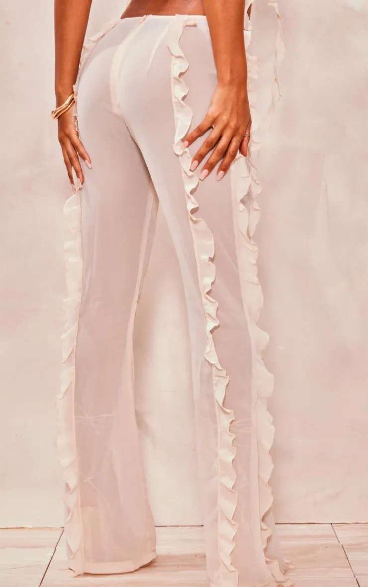 Discount PrettyLittleThing Chiffon Ruffle Dipped Waist Flared Pants Cream