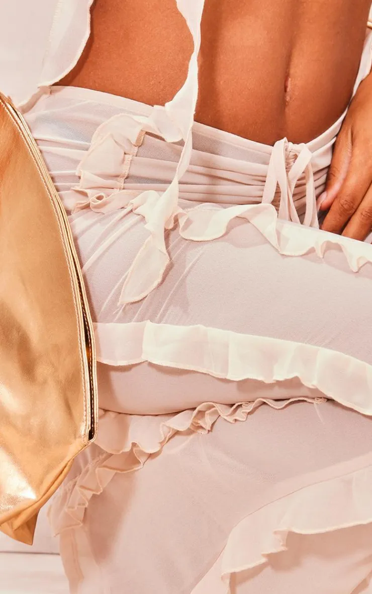 Discount PrettyLittleThing Chiffon Ruffle Dipped Waist Flared Pants Cream